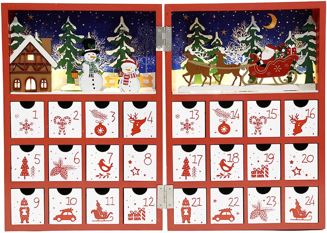 Skiennix Christmas Wooden Advent Calendar - LED Lighting, Red Snowman & Santa Design, 24 Drawers for Holiday Countdown