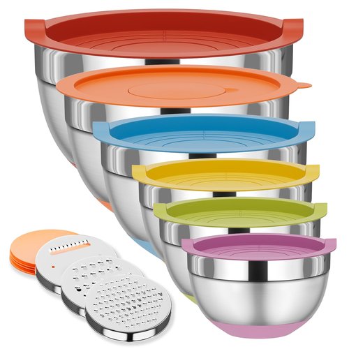 Fyrnova Mixing Bowls with Lids Set, 6 Piece Stainless Steel Nesting Storage Bowls for Kitchen, with 3 Grater Attachments & Non-Slip Bottoms, Size 5.5,3.5,2.5,2.1,1.5,1.1 QT