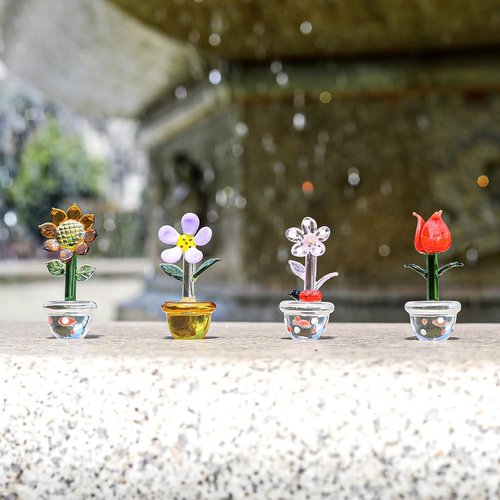 LONGWIN Mini Crystal Flower Figurines - Hand Blown Glass Spring Bouquet | 4pcs Collectible Home Decor Gift