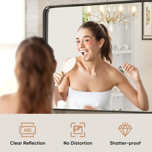 DUMOS Black Metal Framed Vanity Mirror - 36x24 Inch Rounded Rectangle Design for Modern Bathrooms | Versatile Hanging Options