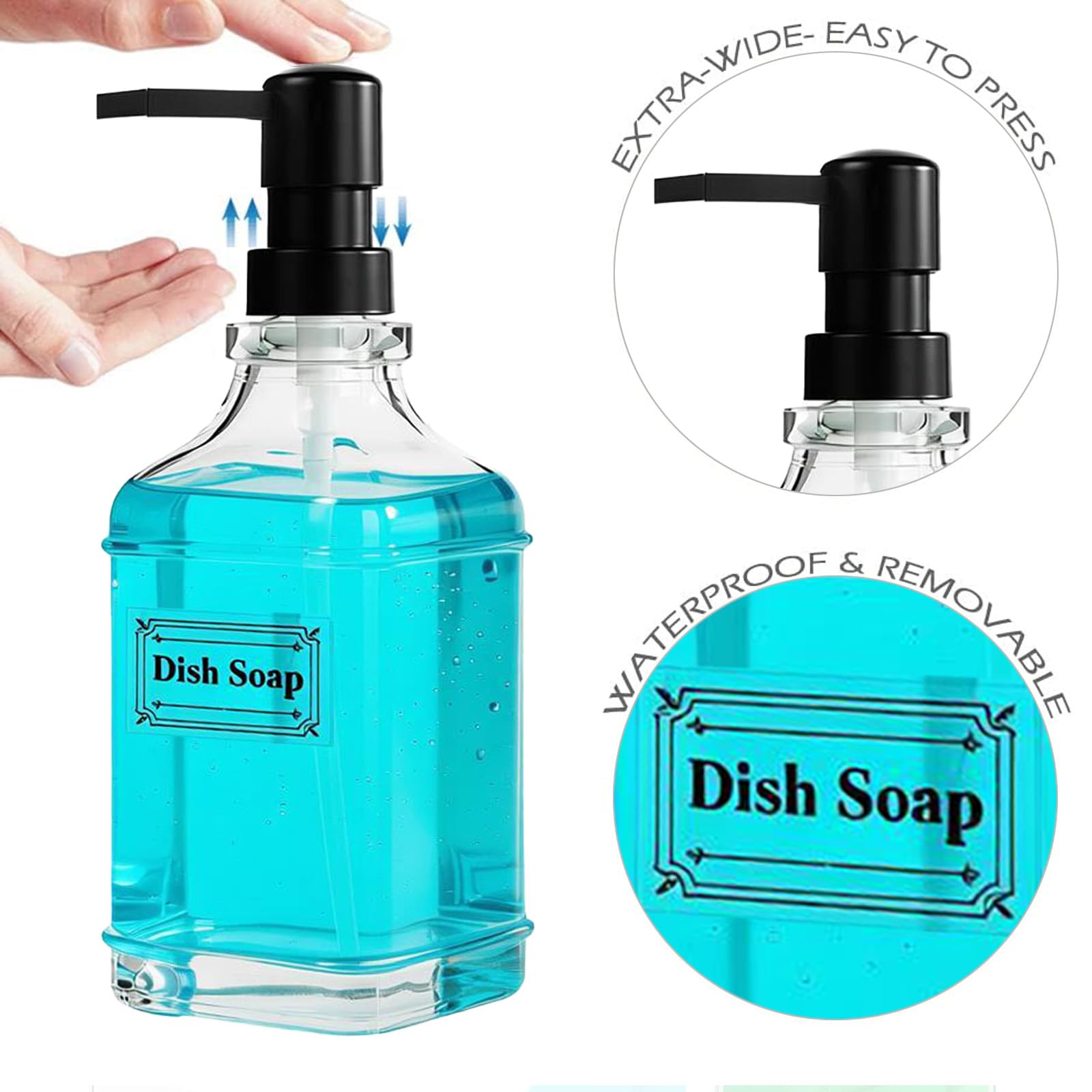 BPFY 3 Pack Glass Soap Dispenser with Pump, 17oz/500ml Square Refillable Hand and Dish Soap Dispenser for Bathroom Decor & Kitchen Sink, Clear Pump Bottles for Liquid, Lotion (Includes 6 Labels)