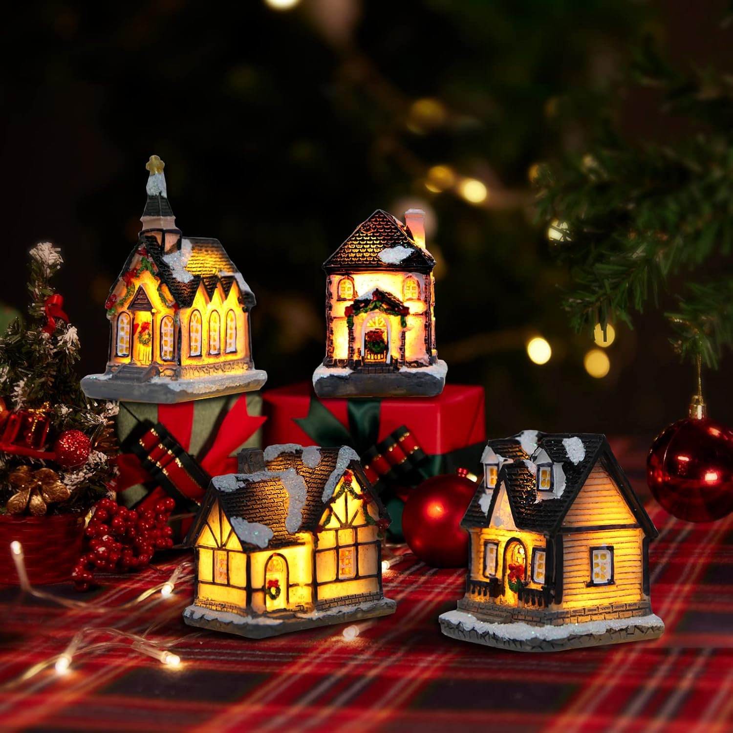 Skiennix 4 Pcs Small Christmas Village House Set - Resin Collectible Buildings with LED Lanterns for Holiday Table Decor