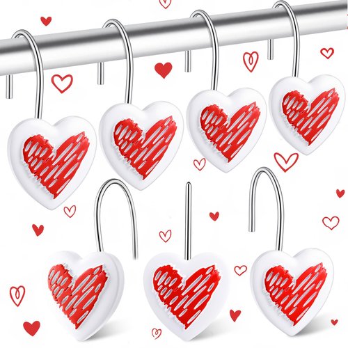 CroBlissful 12 Pcs Heart Shape Shower Curtain Hooks Heart Hangers Hooks Love Decorative Curtain Rings for Valentine's Day Spring Summer Wedding Bathroom Restroom(White)