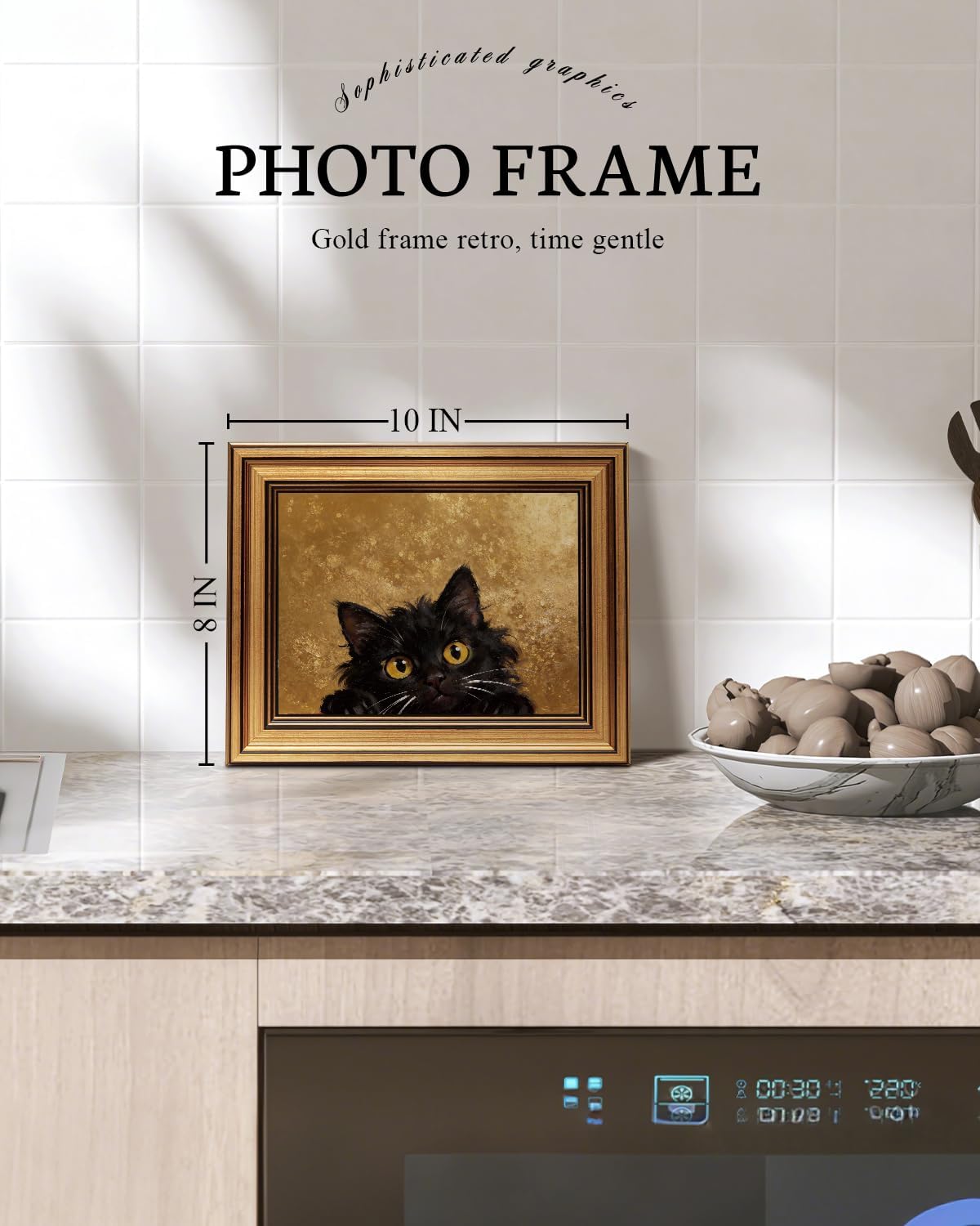 VIYYIEA Vintage Gold Framed Wall Art - Cute Black Cat Oil Painting for Home Décor | 8x10 Inch