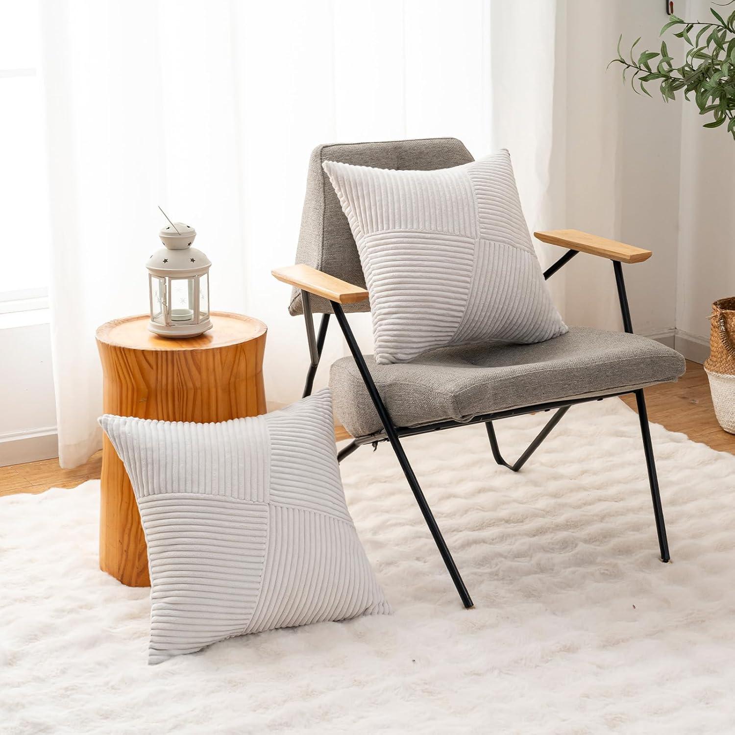 Skiennix Decorative Throw Pillow Covers - Soft Corduroy Striped Patchwork | 18x18 Inch Set of 2 for Boho Farmhouse Decor