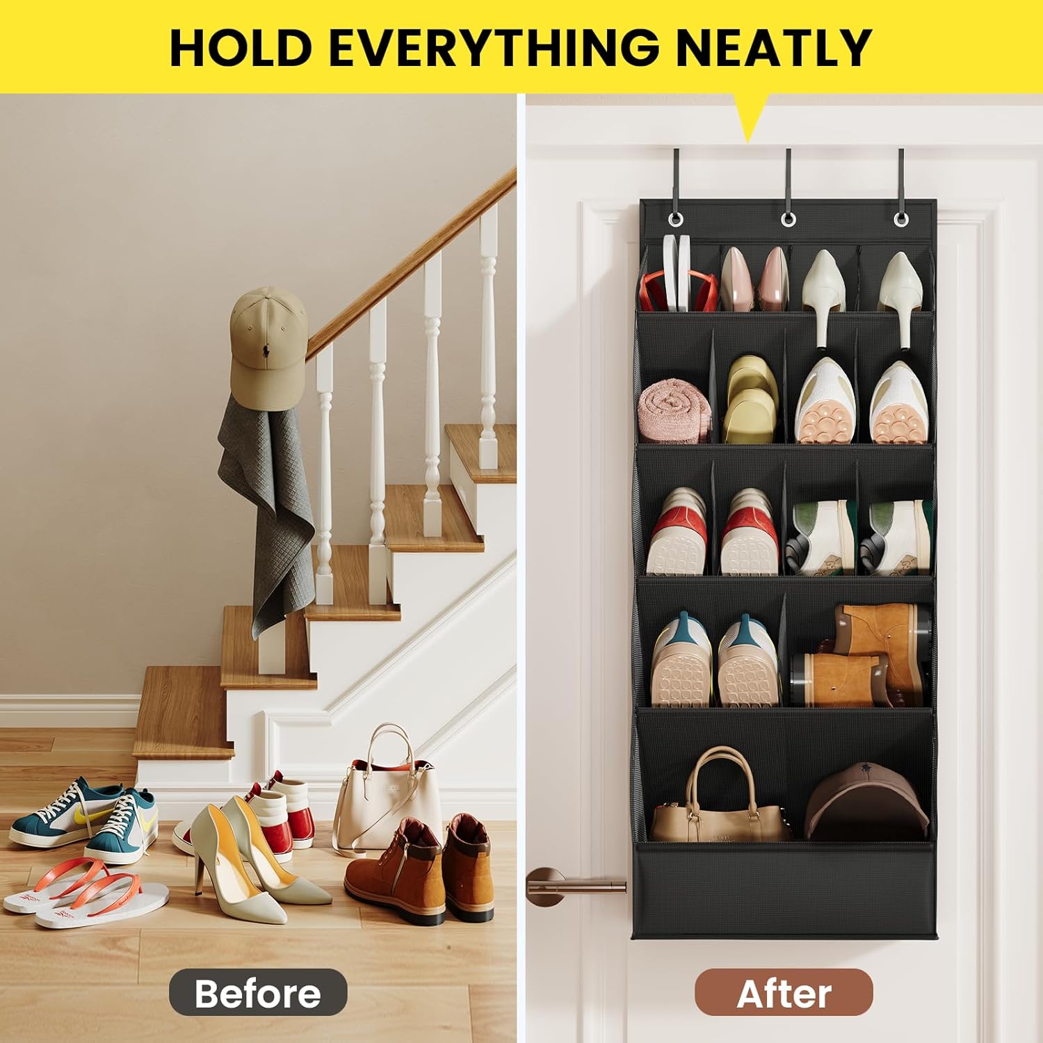 Skiennix Over The Door Shoe Organizer - 18 Pairs Hanging Shoe Rack with Large Breathable Pockets | Black