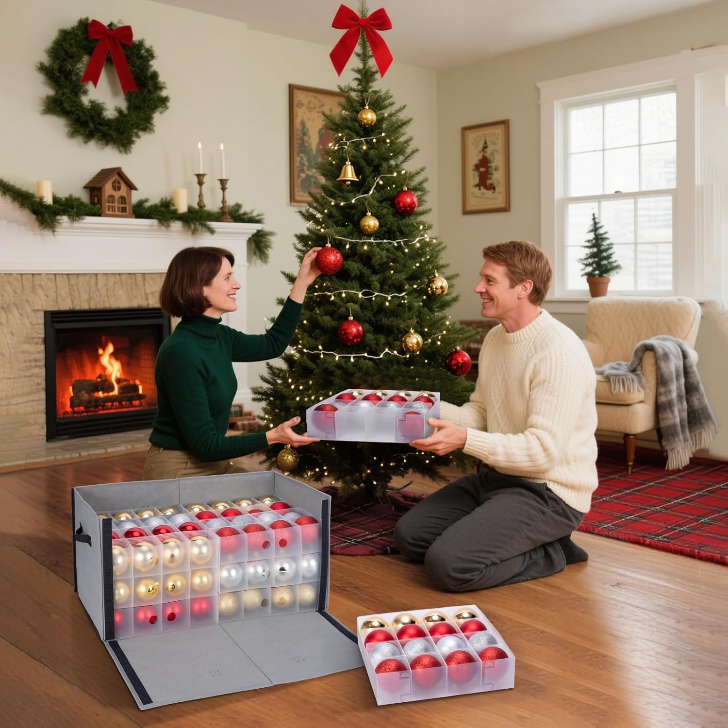 BALEINE Christmas Ornament Storage Box - Premium Container for 128 Holiday Ornaments | Grey