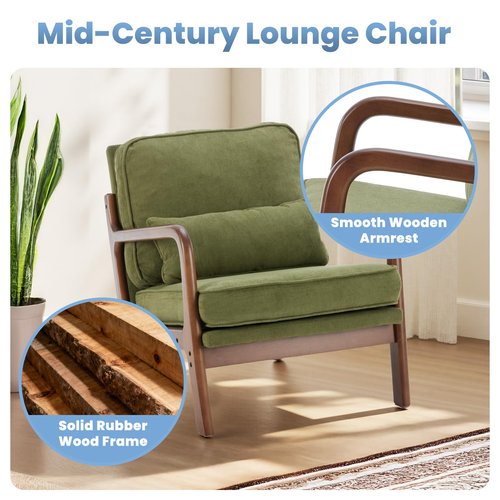 DUMOS Mid Century Accent Chair, Modern Living Room Chairs with Arms and Waist Cushion, Reading Chairs for Adults, Lounge Chair for Bedroom, Solid Wooden Frame, Classic Green