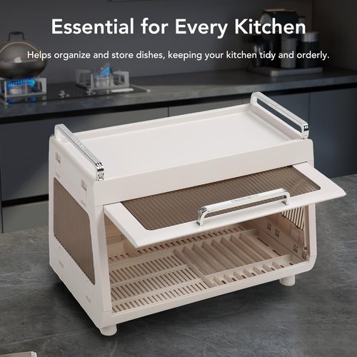 ICRPSTU Dish Drying Rack Container with Lid Large Capacity 19x11x13in Sturdy Versatile Dish Drainer for Kitchen Bowls Plates (Brown)