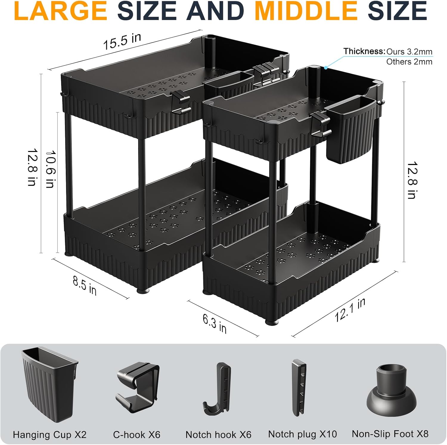 Sevenblue Under Sink Organizer - Multi-Purpose Storage Shelf with Hooks for Kitchen & Bathroom | Black, 2 Pack