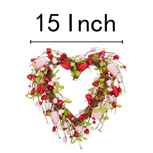 15 Inch Valentine's Day Wreath for Front Door Heart Wreaths Valentine's Day Decorations Pink Tulip Spring Wreath for Valentine's Day Gift Anniversary Wedding Home Decor