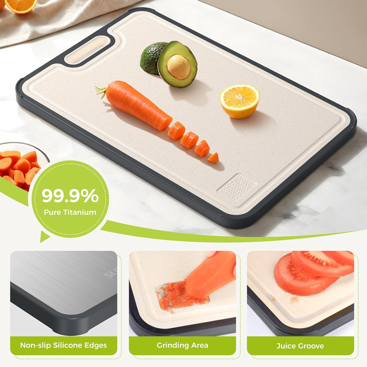 Titanium Cutting Board - Double-Sided Food Grade Design | Easy to Clean, Large 16” x 10” Size