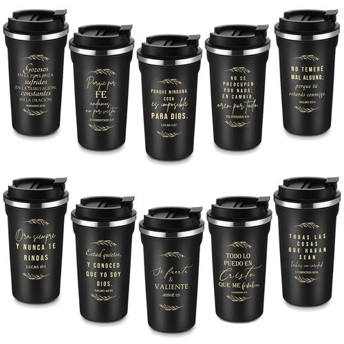 Meanplan 10 Sets Easter Spanish Christian Gifts Bulk Bible Verse Tumbler for Men Women Regalos Cristianos Para Mujer Stainless Steel Christian Mugs 17oz Coffee Cup Religious Church Gifts(Black)