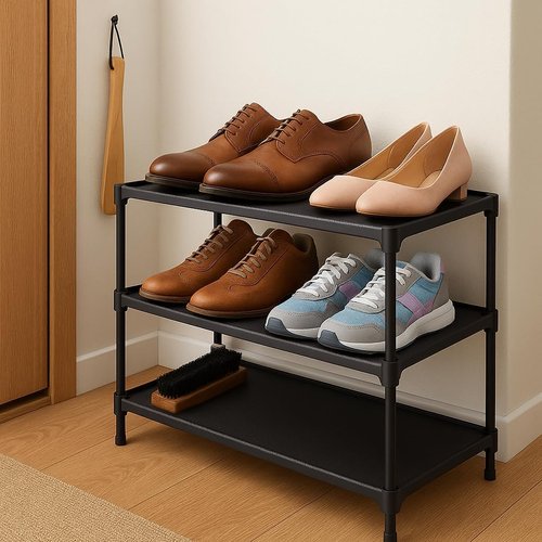 3-Tier Shoe Rack Organizer by [Brand Name] - Durable Plastic Storage Shelf for Entryway & Closet | Space-Saving Design in Black
