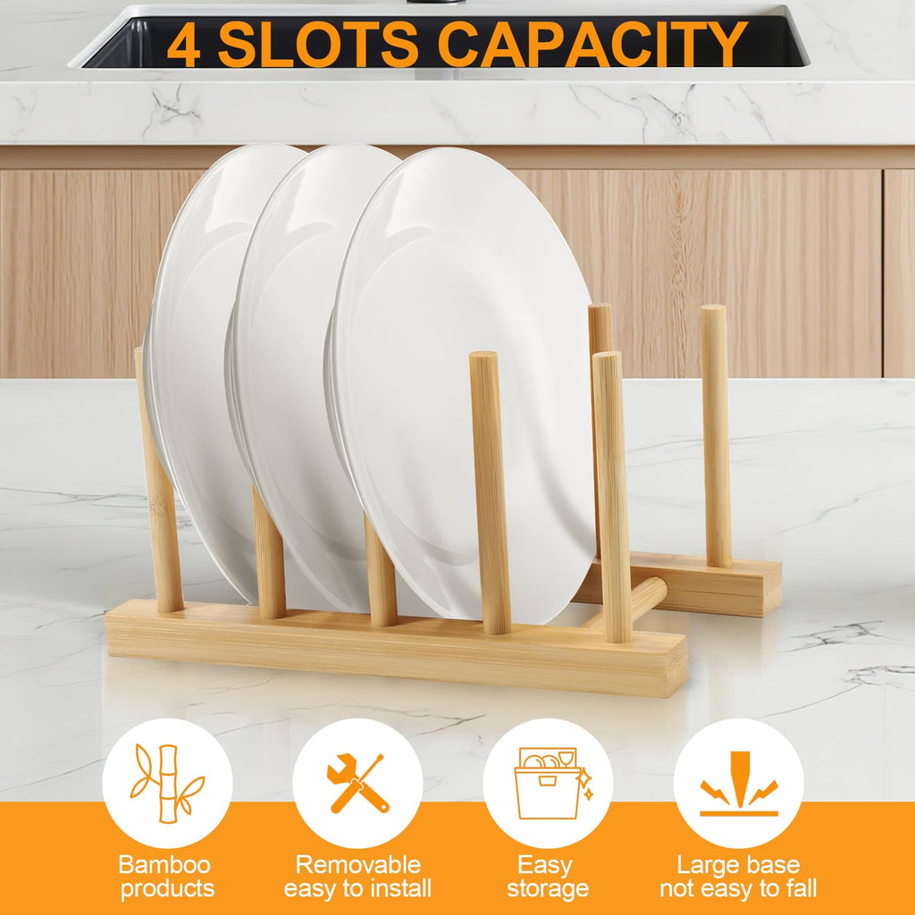 SAMEBUTECO 2-Pack Bamboo Kitchen Rack with 4 Slots and 5 Connector Pegs – Vertical Organizer for Plates, Pots, Lids, Bowls & Cutting Boards – Durable Wooden Dish Holder with Spare Pegs & Gift Box