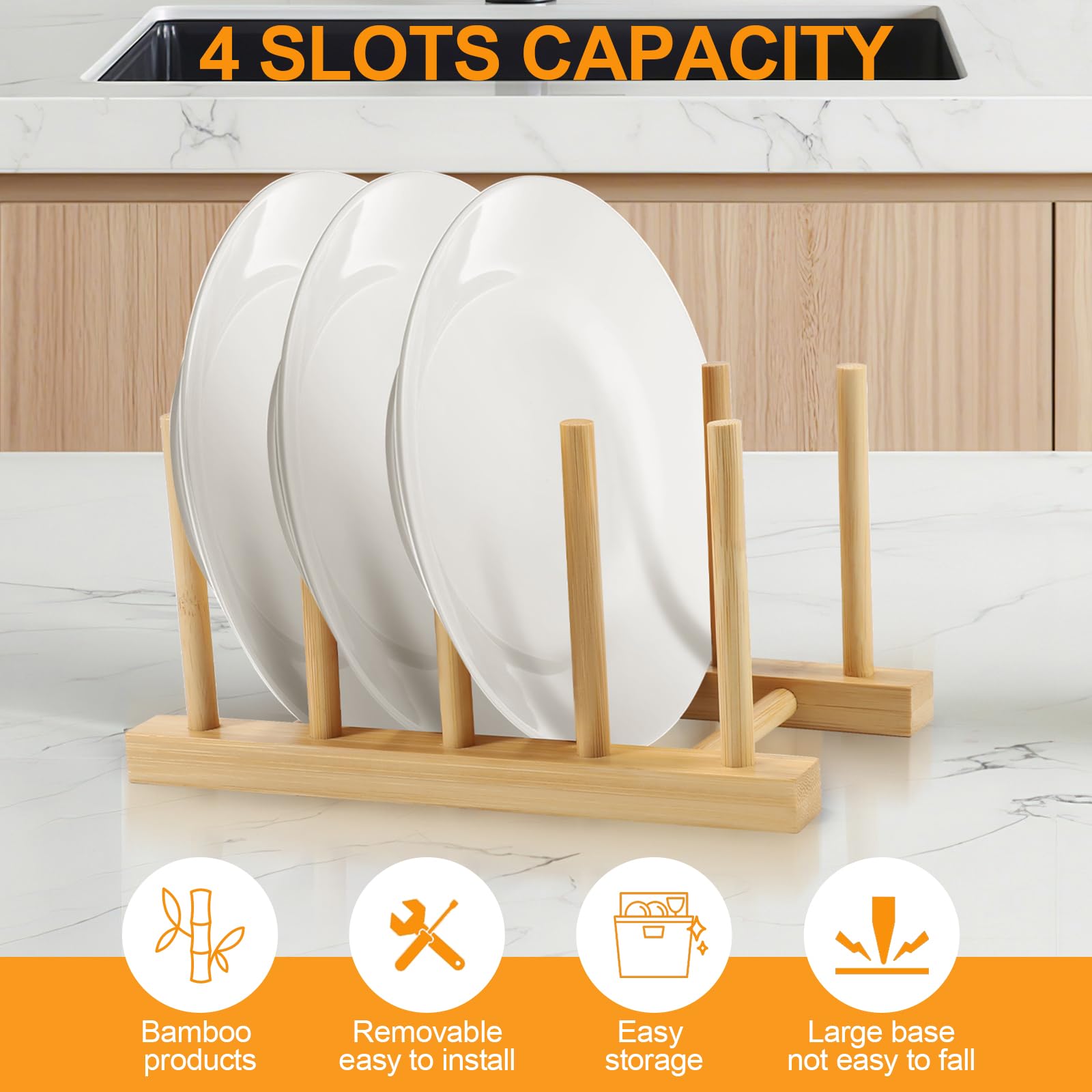 SAMEBUTECO 2-Pack Bamboo Kitchen Rack with 4 Slots and 5 Connector Pegs – Vertical Organizer for Plates, Pots, Lids, Bowls & Cutting Boards – Durable Wooden Dish Holder with Spare Pegs & Gift Box