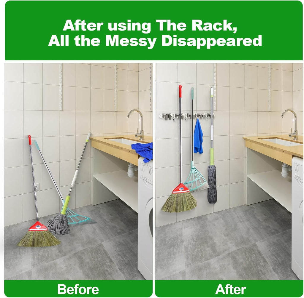 Voze Mop And Broom Holder - 5 Racks & 4 Hooks, Heavy-Duty Wall Mount Organizer | Silver