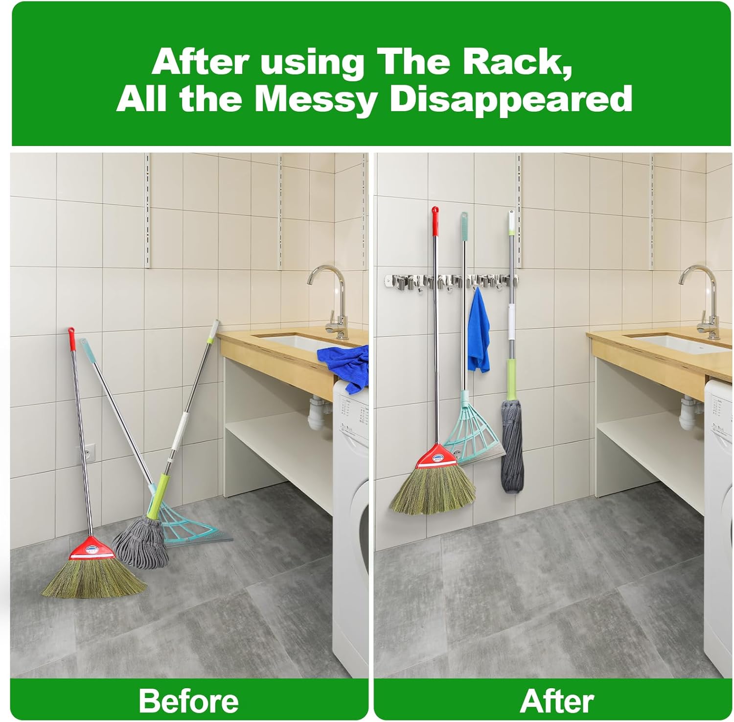 Voze Mop And Broom Holder - 5 Racks & 4 Hooks, Heavy-Duty Wall Mount Organizer | Silver