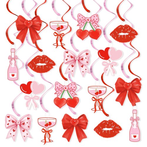 K KUMEED 20 Pcs Valentine's Day Party Decorations,Glitter Heart Cherry Bow Hanging Swirls,Red Pink Valentines Day Party Supplies Home Classroom Office Wedding Party Anniversary