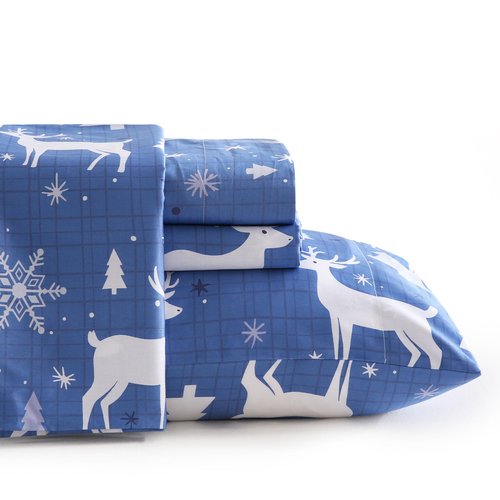 JSD 100% Cotton Sheet Set Queen Size 300 Thread Count, Blue Buffalo Plaid Deer Snowflakes Sateen Bed Sheets Deep Pocket
