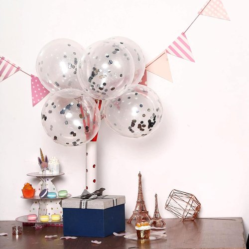 Bezente Silver Confetti Balloons - 12-Inch Helium Glitter Balloons for Weddings & Parties | 60 Pack