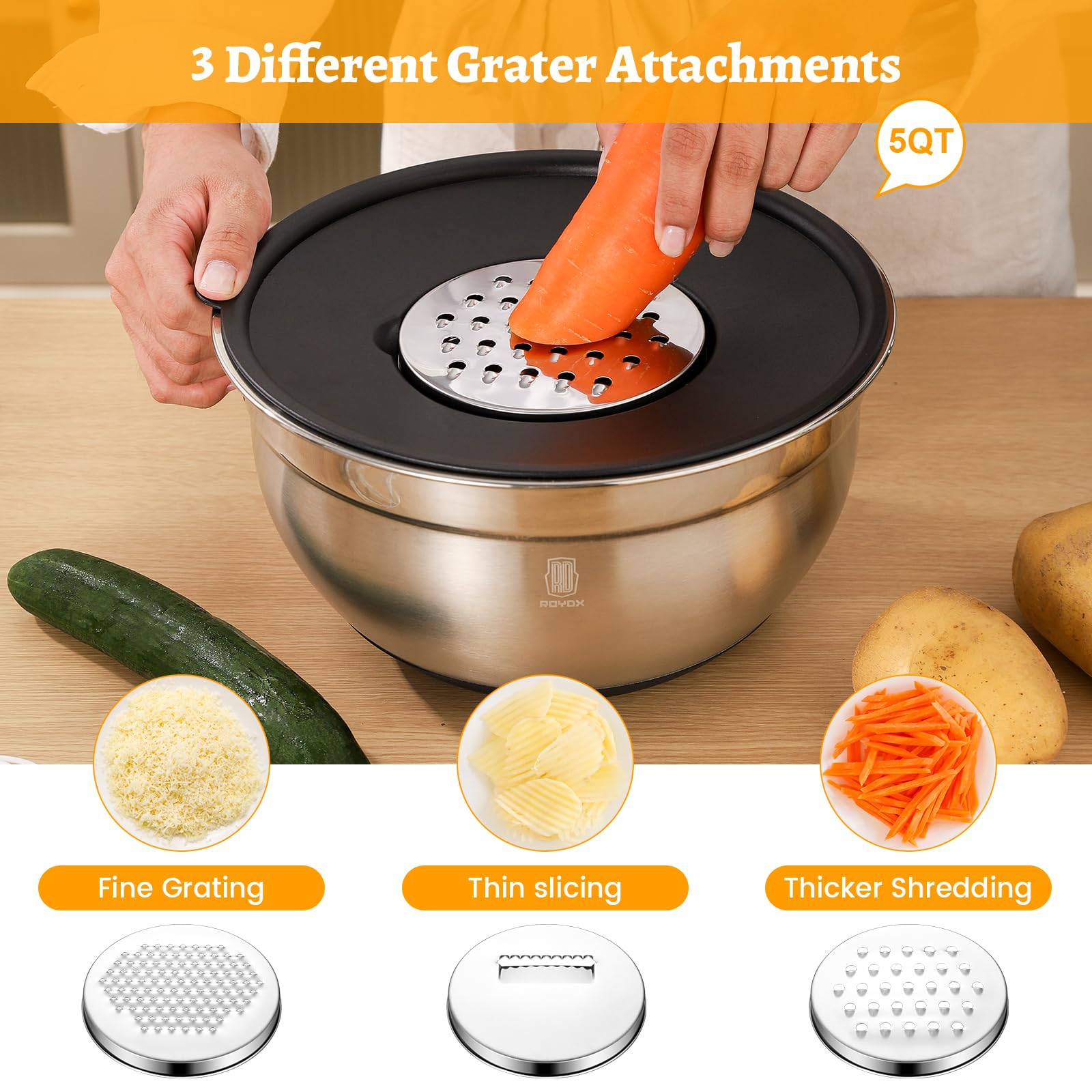 ROYDX Stainless Steel Mixing Bowls With BPA Free Airtight Lids &3 Grater Attachments,Non-Slip Bottoms- 33% Thick Metal Nesting Bowls for Mixing & Serving