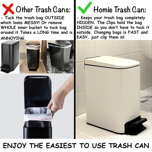 Homie Soft Close, Slim Trash Can 6 Liter / 1.6 Gallon with Anti - Bag Slip Liner and Lid, Use as Mini Garbage Basket, Slim Dust Bin, or Decor in Bathroom, Restroom, Kitchen, or Bedroom (Matte White)