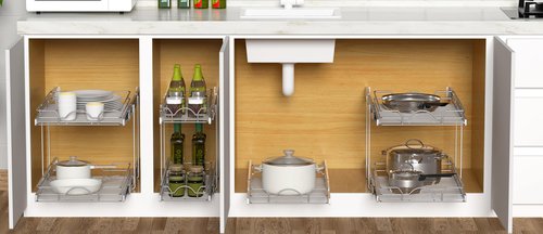 OCG 2 Tier Pull Out Cabinet Organizer (14" W x 21" D), Pull Out Drawers for Kitchen Cabinets, Pull Out Shelves for Base Cabinet Organization in Kitchen Bathroom Pantry, Chrome Finish