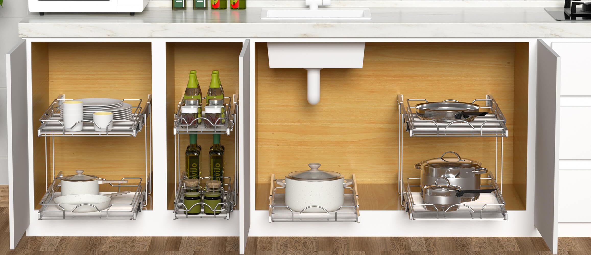 OCG 2 Tier Pull Out Cabinet Organizer (18.5" W x 21" D), Pull Out Drawers for Kitchen Cabinets, Pull Out Shelves for Base Cabinet Organization in Kitchen Bathroom Pantry, Chrome Finish