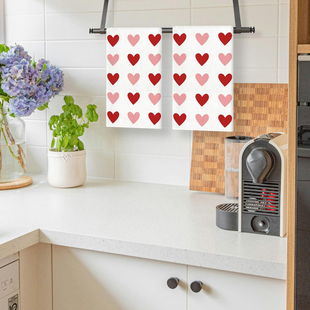 TAJWE Valentines Day Kitchen Towels 18x26 Inch Set of 2 Red Pink Heart Love Valentine Dish Cloths Farmhouse Wedding Anniversary Hand Towels for Kitchen Decoration