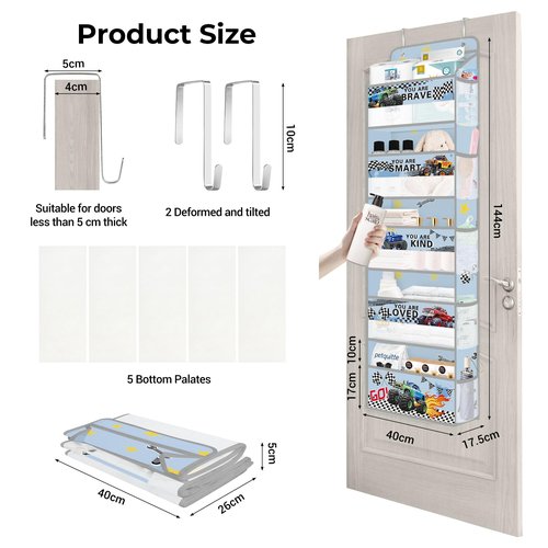 Clastyle Car Over the Door Organizer Nursery Hanging Storage Organizer for Boys Clothes Diaper Toy Closet Door Hanging Shelf Storage for Bedroom Bathroom Pantry, Off-Road Vehicle, 5-Tier