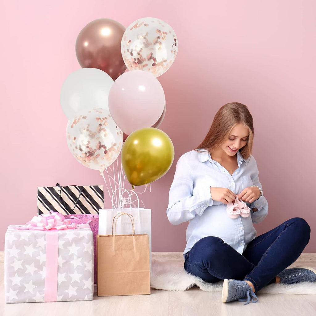 RUBFAC Rose Gold Balloon Garland Arch Kit - 140pcs Light Pink, Gold & White Balloons for Celebrations