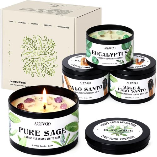 AOOVOO 4 Pack Sage Candles - Sage, Palo Santo, Sage & Palo Santo, Eucalyptus Mint Candle Set with Crystals & Decor, 26oz 200 Hours Long Lasting, Non Toxic Candles for Spiritual House Energy Cleansing