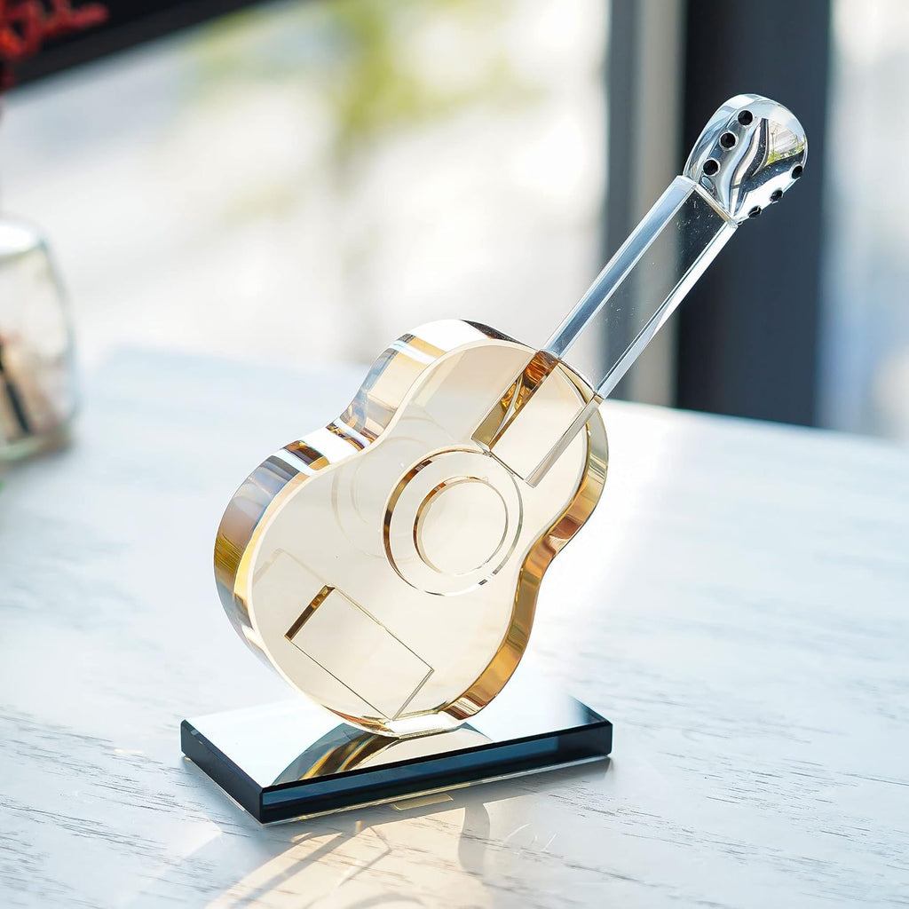 QFkris Crystal Guitar Figurine - Blown Glass Musical Sculpture & Paperweight | Champagne Color