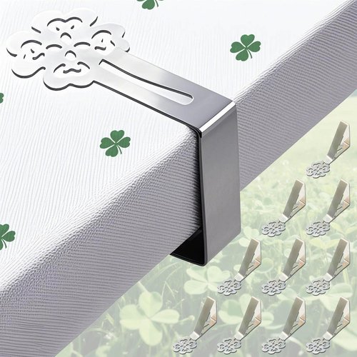 Tablecloth Clips for Outdoor Thick Tables 10 Pack, Lucky Clover Picnic Table Cloth Holder Clip Indoor, Heavy Duty Stainless Steel Cover Clamp for Party Wedding Home Restaurant Camping Accessories