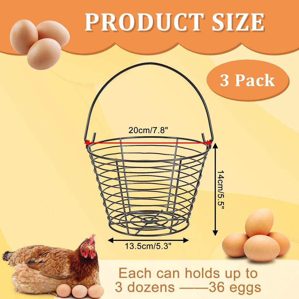 OGANAZI 3 PCS 8" Black Round Wire Egg Baskets With Handle, Small Metal Egg Collecting Basket for Gathering Fresh Eggs, Chicken and Duck Eggs Hunting Basket Egg Holder Countertop