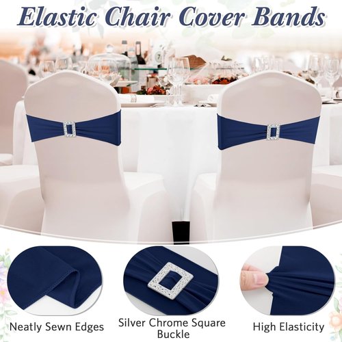 CHENGU Spandex Chair Sashes - 50 Pcs with Square Buckle Slider for Wedding & Party Decor | Navy Blue