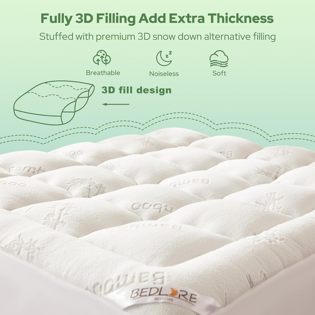 BEDLORE Twin Mattress Topper - Soft Bamboo Viscose Pillow Top for Back Pain Relief | Fits 6-15 Inch Mattresses