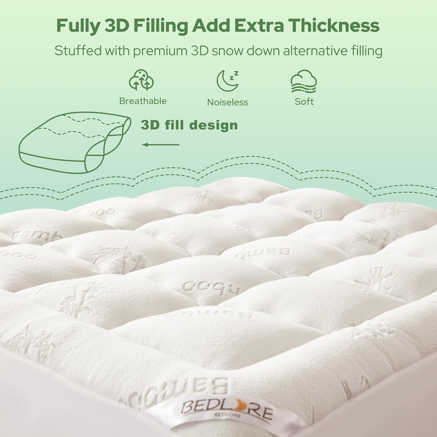 BEDLORE Twin Mattress Topper - Soft Bamboo Viscose Pillow Top for Back Pain Relief | Fits 6-15 Inch Mattresses