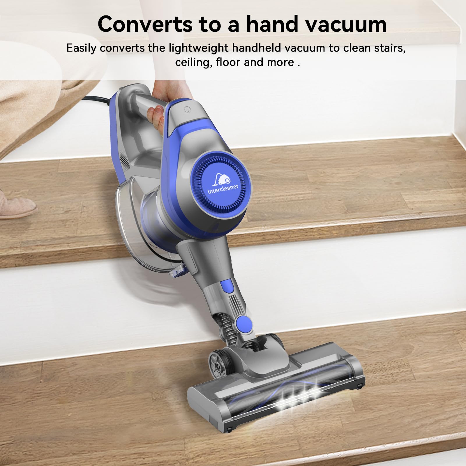 Intercleaner 23Ft Corded Vacuum Cleaner, with LED Headlights & Large Dust Cup, Powerful Suction for Hard Floors & Carpets, Adjustable Stick, Perfect for Pet Hair, Wall Mount Storage