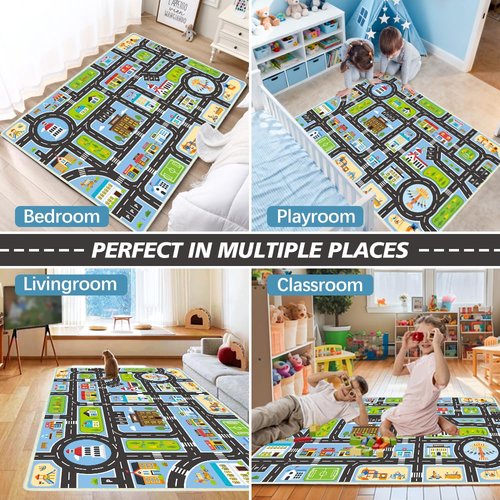 Xuzrdaa Kids Carpet 2.6'x4' Kids Play Rug for Playing, Road Rug for Kids City Life Educational Road Car Carpet for Classroom, Blue Car Carpet for Playoom(Blue, 2.6'x4')