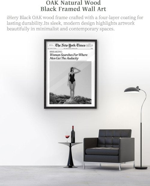 iHery Premium Black Oak Wood Framed Wall Art - Retro Woman Canvas Decor for Girly Dorm & Living Room | 16x20in