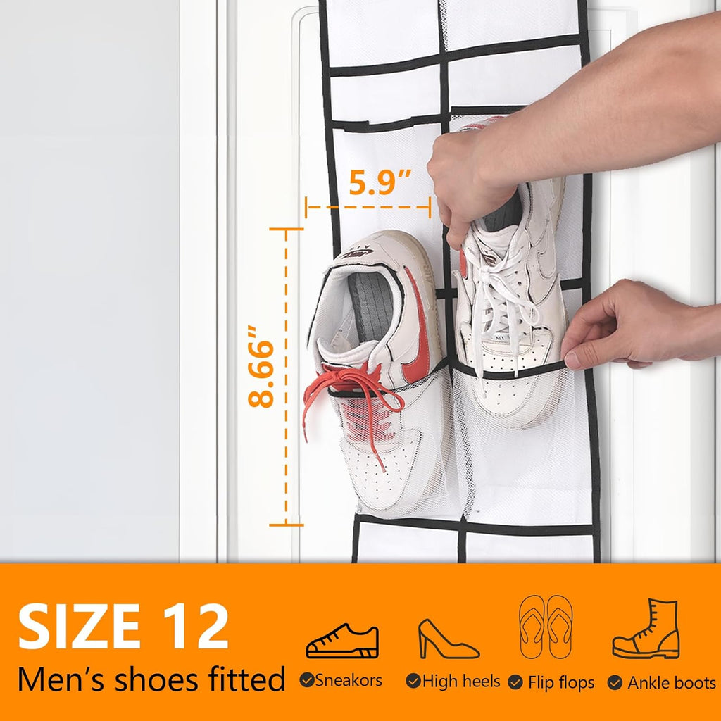 MSLOVE Over The Door Shoe Organizer - 12 Large Mesh Pockets for Closet Storage | White, 2 Pack