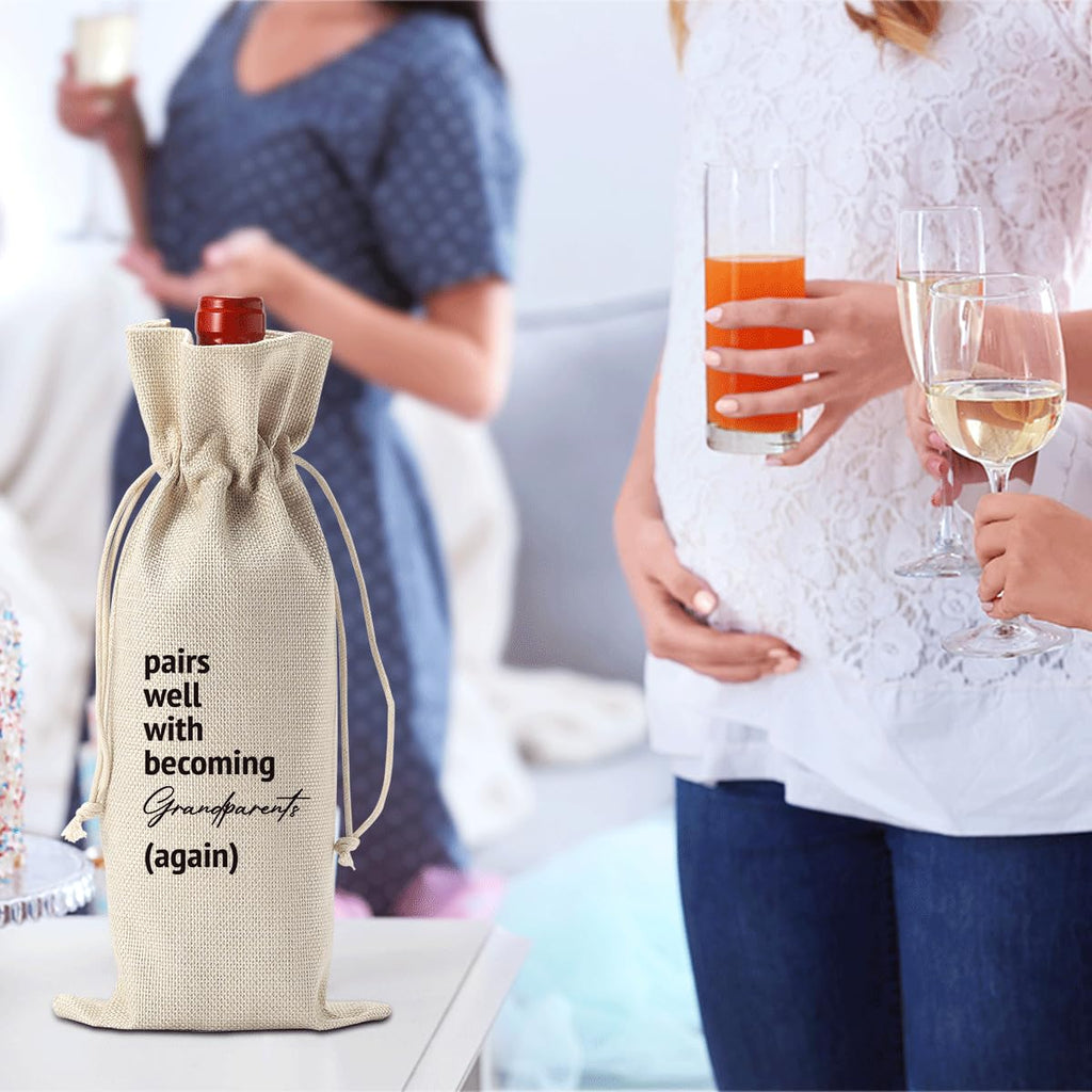 XCVXZCSDAF Pairs Well With Becoming Grandparents Again Pregnancy Announcement Wine Bag Baby Announcement Gifts for Grandparents Grandma Grandpa