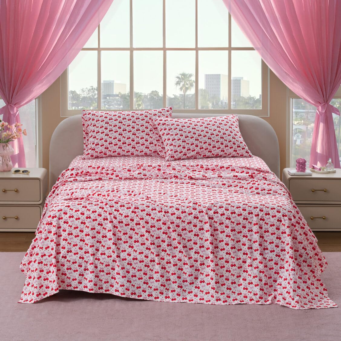 Paris Hilton Queen Size Sheets Set – 4 Piece Bed Sheets with Fitted Sheet, Flat Sheet, 2 Pillow Covers, Fits up to 15" Mattress Deep Pocket Queen Sheet Set for Women, Cherries, Red