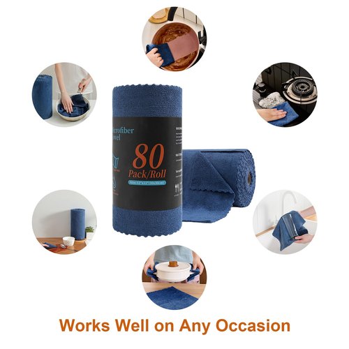 Tigona 80 Pack Microfiber Cleaning Cloth Roll,Lint Free Rags & Tear Away Reusable Towels Washable Scratch,Ultra Absorbent Dish Rags(12" x 12") for Car Kitchen Home Garage-Navy Blue
