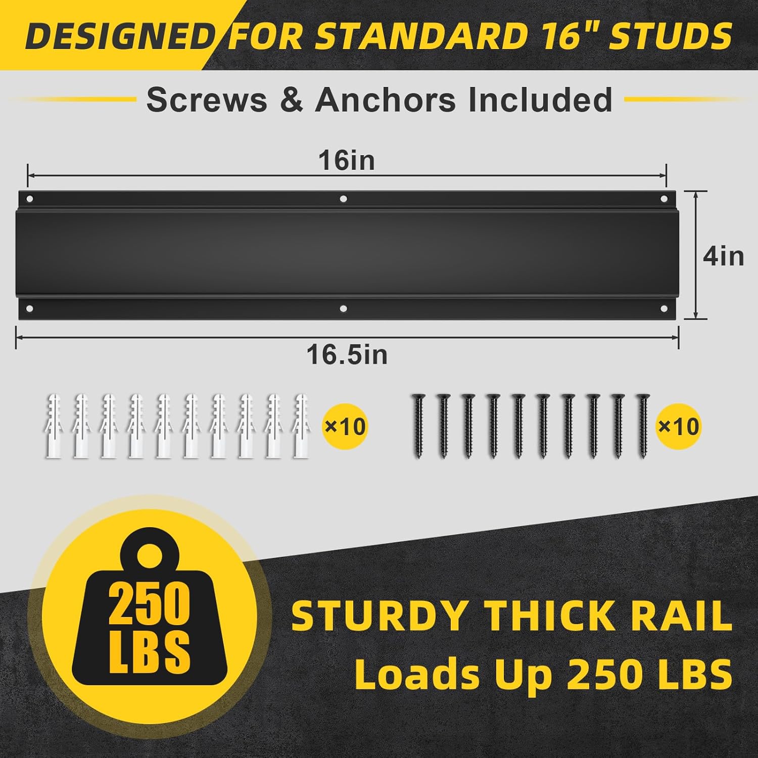 UUP Wall-Mount Garage Rail - Heavy-Duty Design Holds Up to 250lbs | Fits 16-Inch Studs, Black