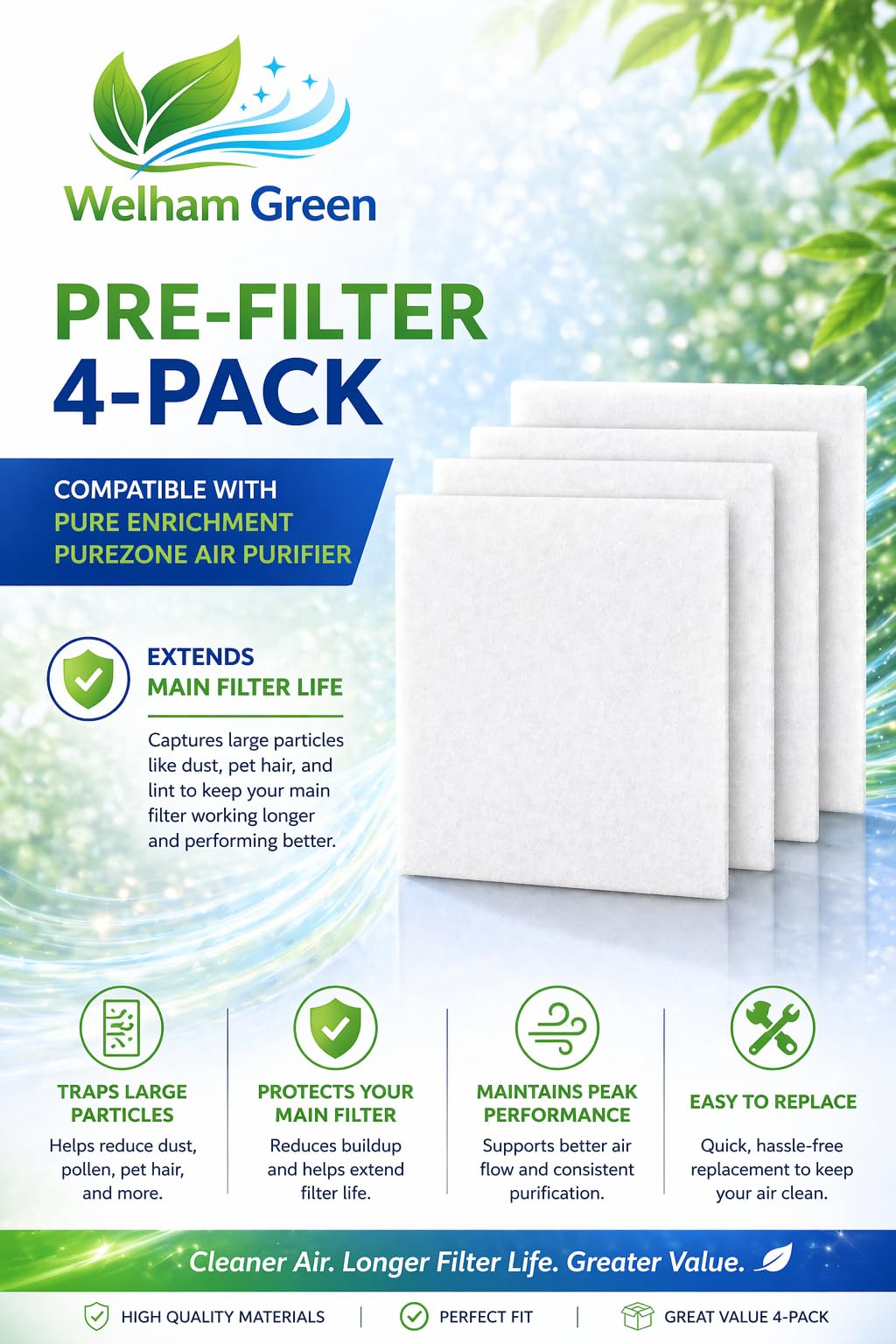 Pre-Filter 4-Pack Compatible with Pure Enrichment PureZone Air Purifier, Extends Main Filter Life