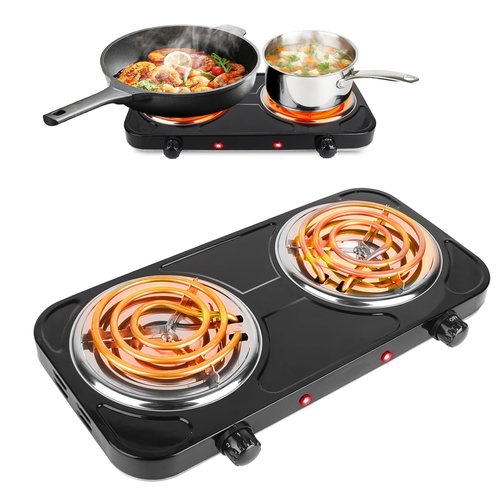2000W Electric Hot Plate,Portable Electric Stove Countertop Double Coil Burners W/Dual Control&5 Level Temperature Control, Easy to Clean,Lightweight Cast Iron Countertop Stove for Home Camp RV 110V