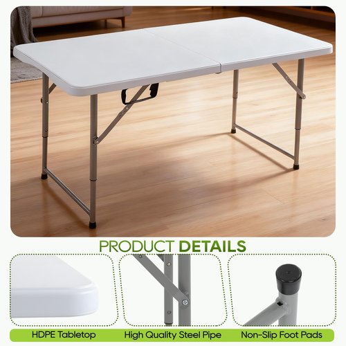 FDW 4FT Folding Table, Portable Fold-in-Half Plastic Picnic Party Table with Carrying Handle (White, 4FT)